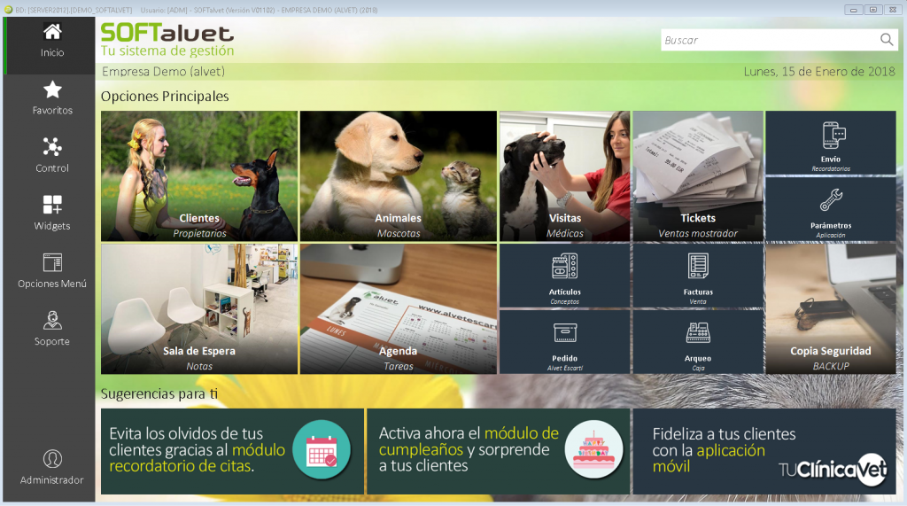 inicio del programa SOFTalvet, programa de gestión veterinaria